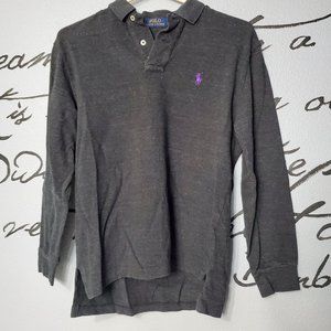 Polo Ralph Lauren Long Sleeve Polo Shirt, Charcoal Grey with Purple Pony